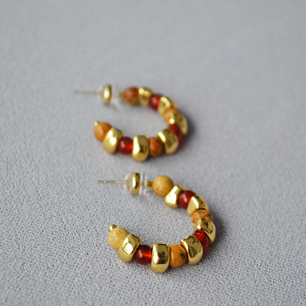 Natural stone beaded 925 silver needle C-shaped earrings