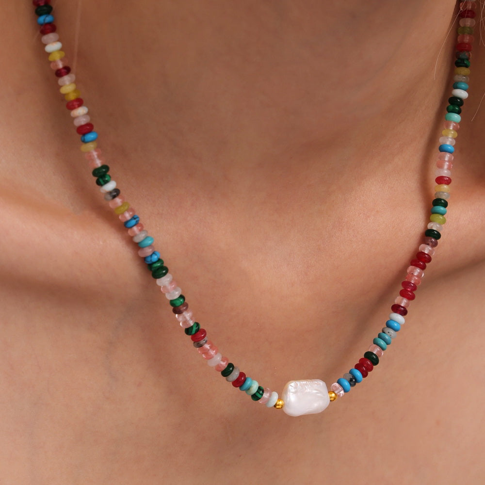 Freshwater rice grain pearl natural stone beaded necklace collarbone chain
