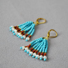 Load image into Gallery viewer, Turquoise shell handcrafted beaded tassel earrings