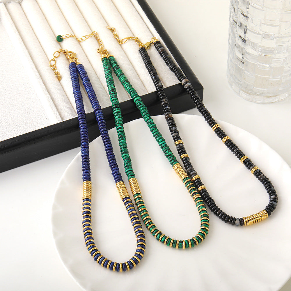 Natural stone lapis lazuli frisbee beaded necklace