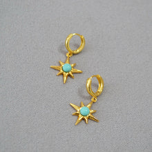 Load image into Gallery viewer, Octagonal star inlaid with turquoise and gilded brass ear buckles