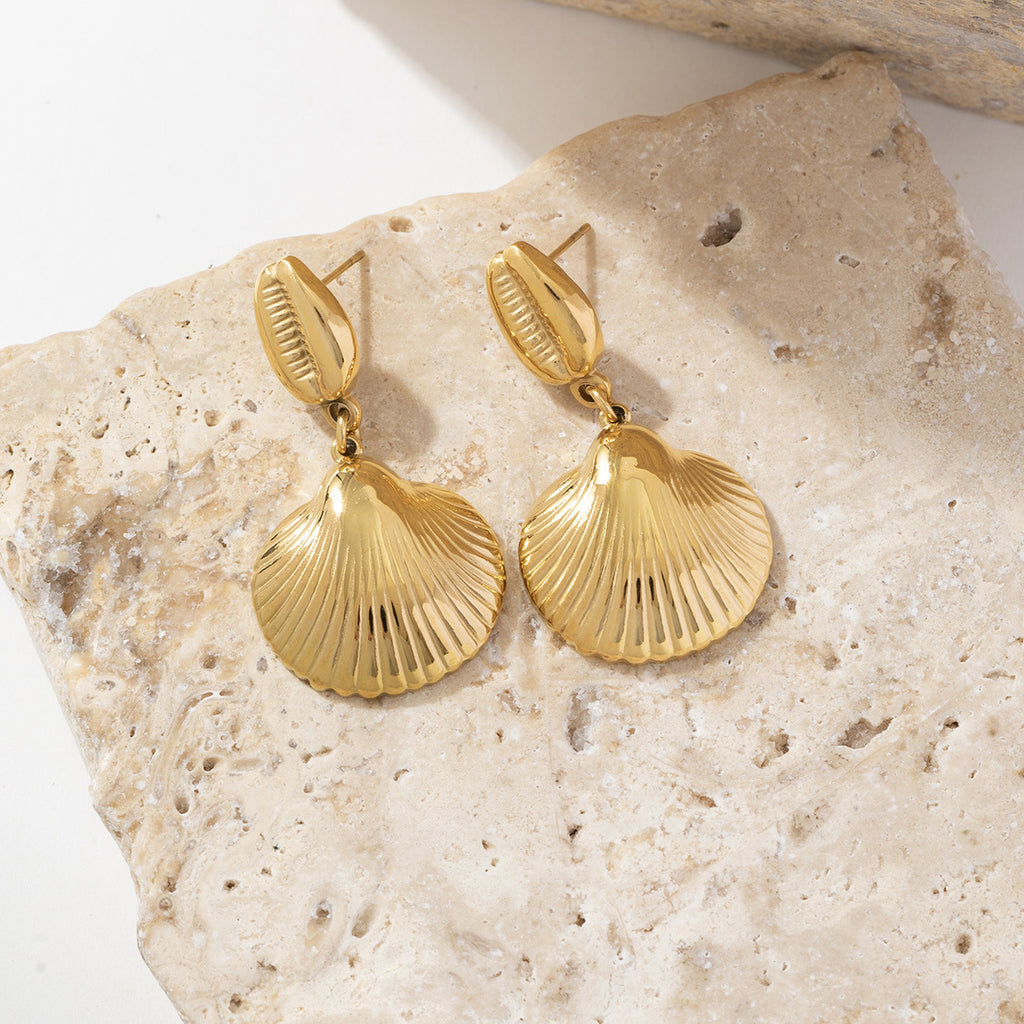 Golden stainless steel shell pendant earrings