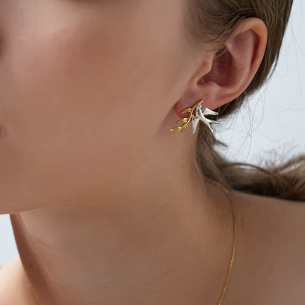 Stainless steel gold and silver color-matched dove leaf earrings