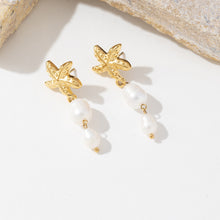 Load image into Gallery viewer, Golden stainless steel starfish pearl tassel pendant earrings