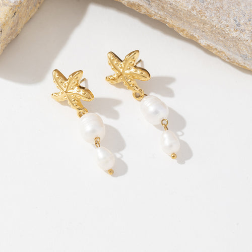 Golden stainless steel starfish pearl tassel pendant earrings