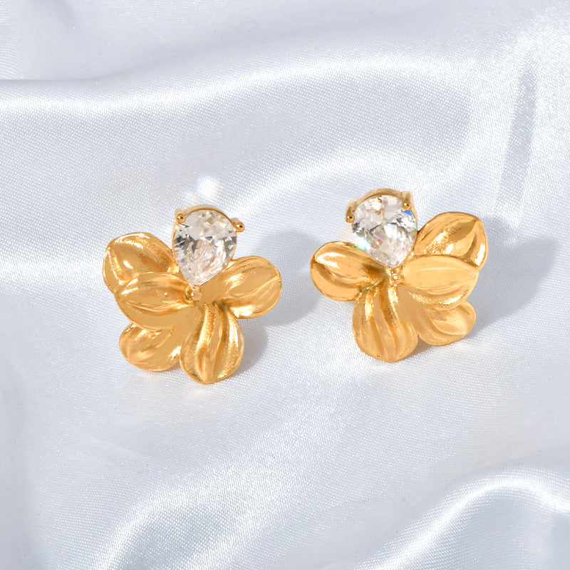 Stainless steel flower-encrusted stud earrings