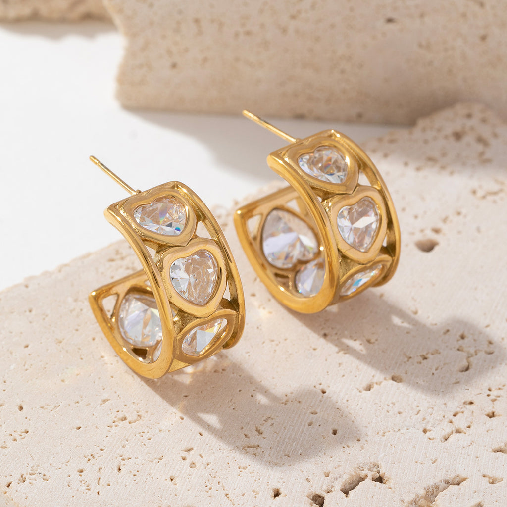 Stainless steel heart-shaped zircon C-shaped earrings