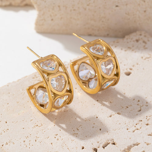 Stainless steel heart-shaped zircon C-shaped earrings