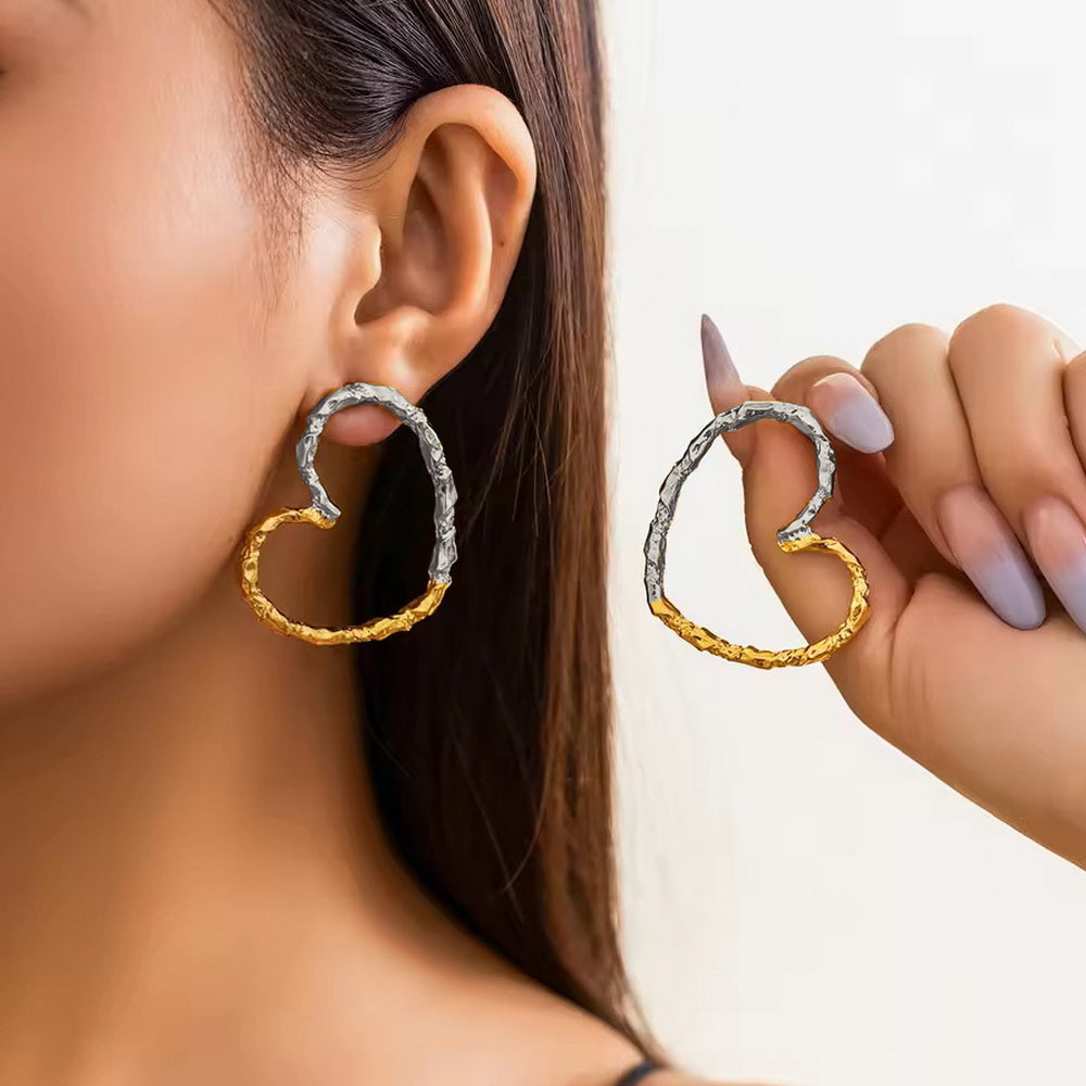 Gold and silver color-matched stainless steel heart-shaped exaggerated ear studs