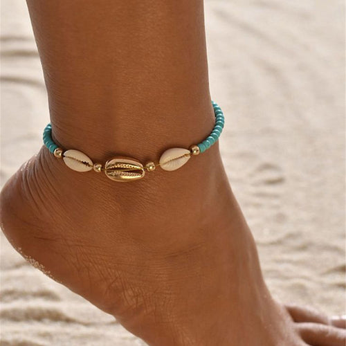 Stainless steel shell synthetic turquoise beaded anklets