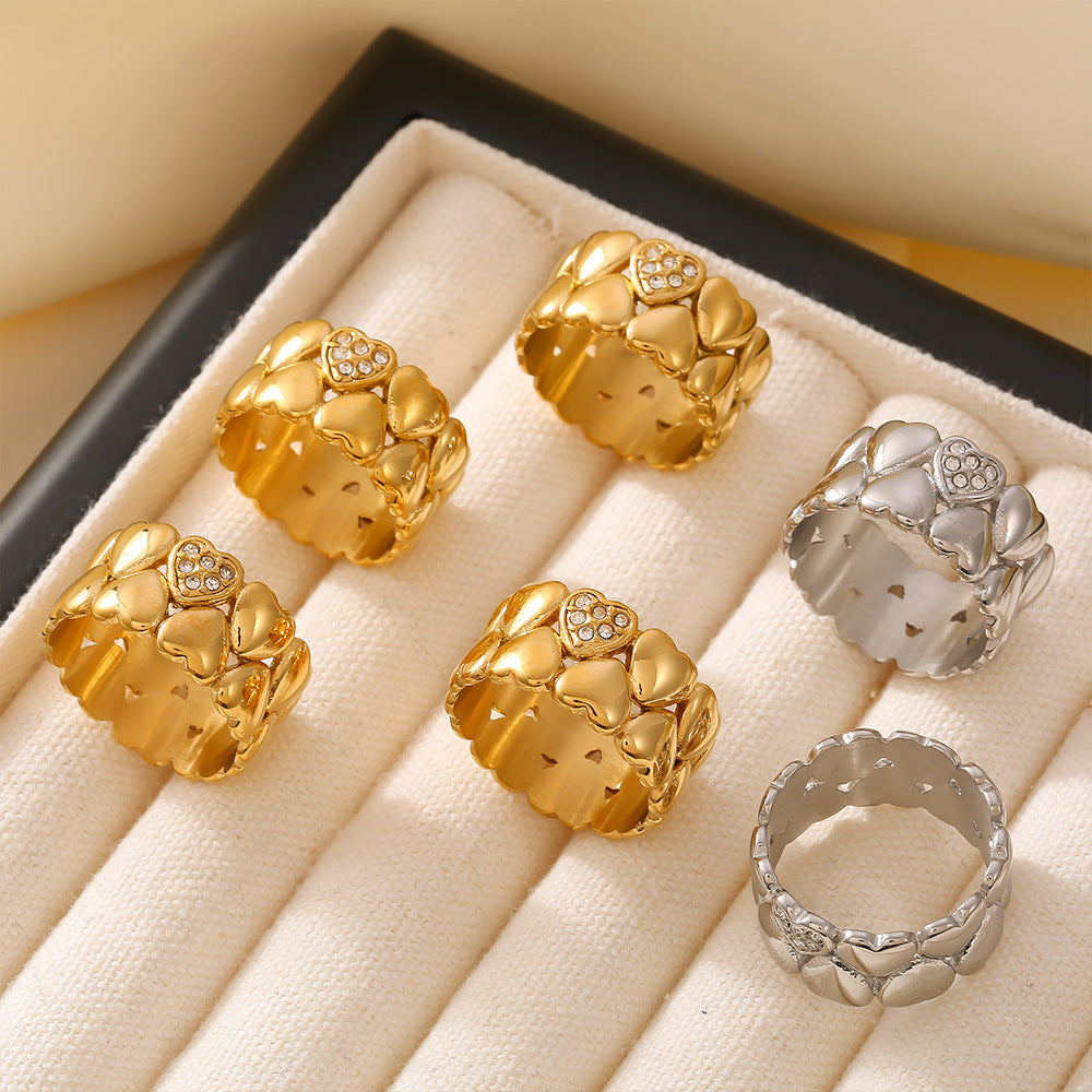18K real gold stainless steel diamond-encrusted double-layered heart-shaped ring