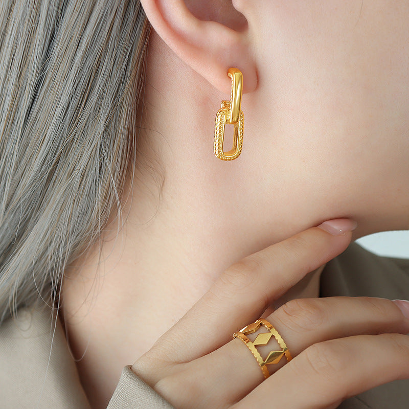 Stainless steel gold-plated geometric square-framed texture earrings