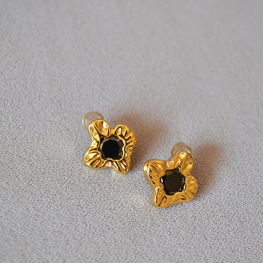 Brass gold-plated pleated texture black zircon irregular flower 925 silver needle earrings