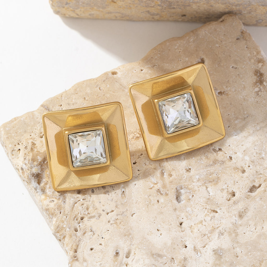 Stainless steel golden square zircon earrings