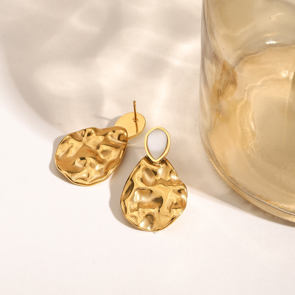 18K gold stainless steel hammer-textured teardrop-shaped cat's eye earrings