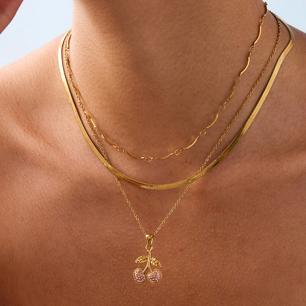 Stainless steel cherry pink zircon necklace