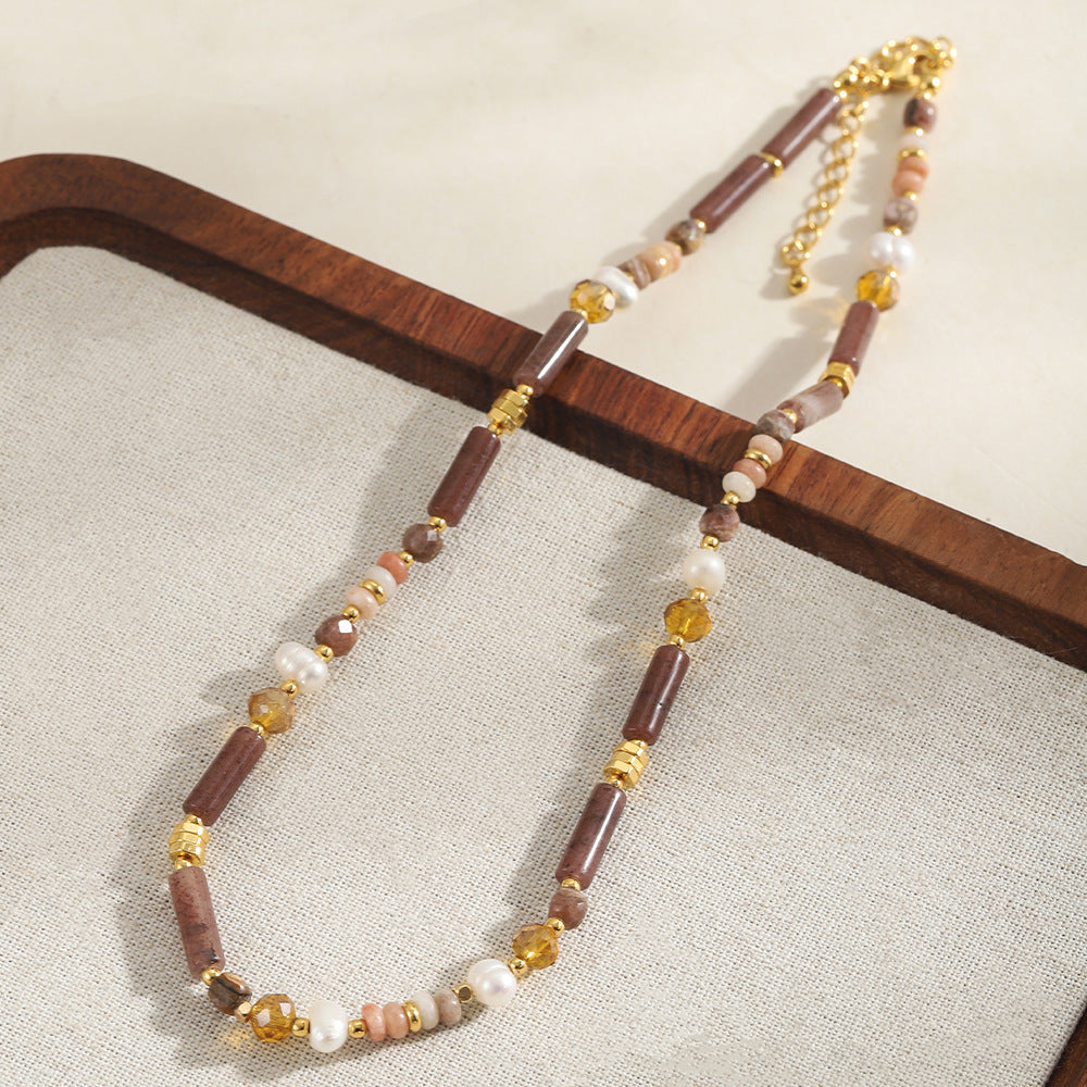 Colored natural stone crystal freshwater pearl handcrafted beaded necklace