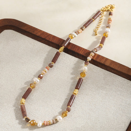 Colored natural stone crystal freshwater pearl handcrafted beaded necklace