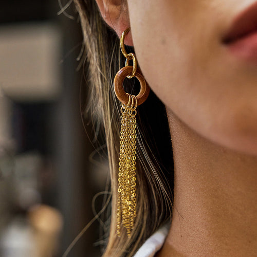 Wooden tassel stainless steel earrings