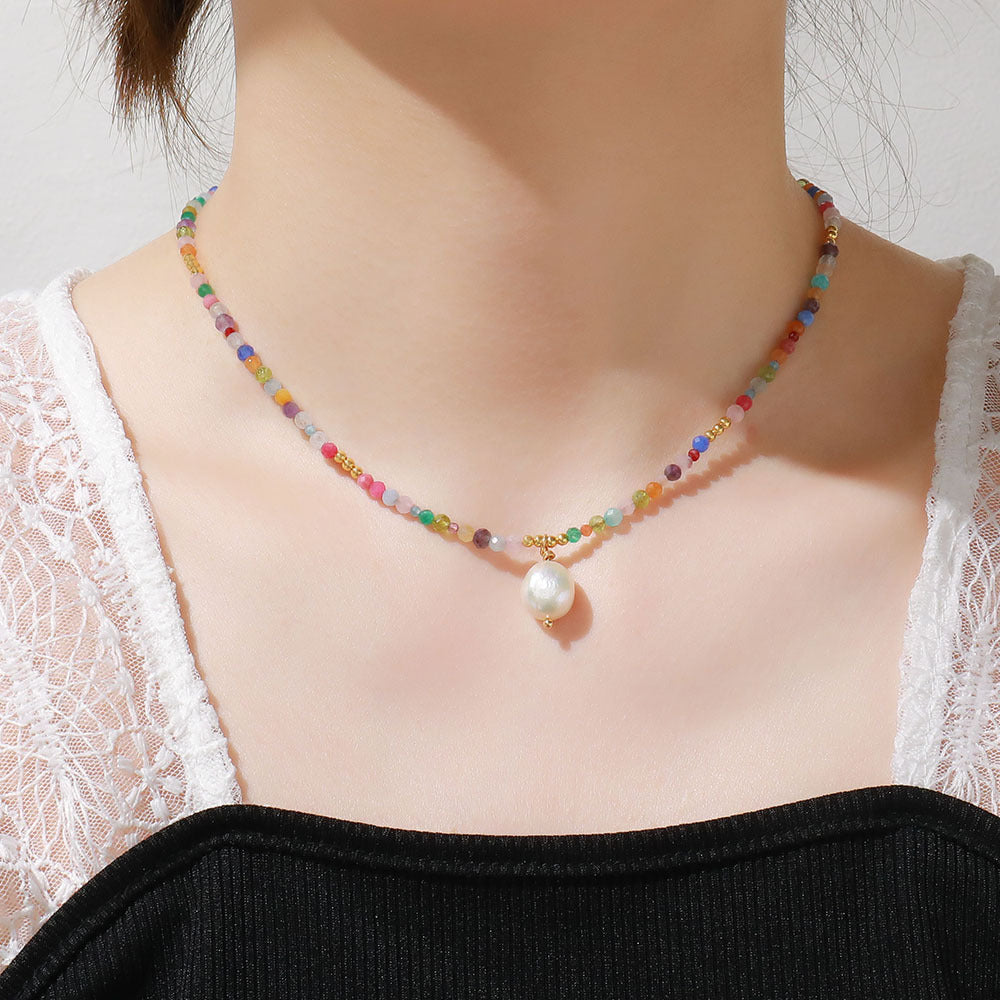 Colored natural zircon pearl pendant handcrafted beaded necklace