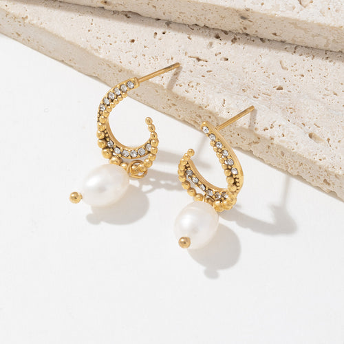 Golden stainless steel pearl pendant earrings