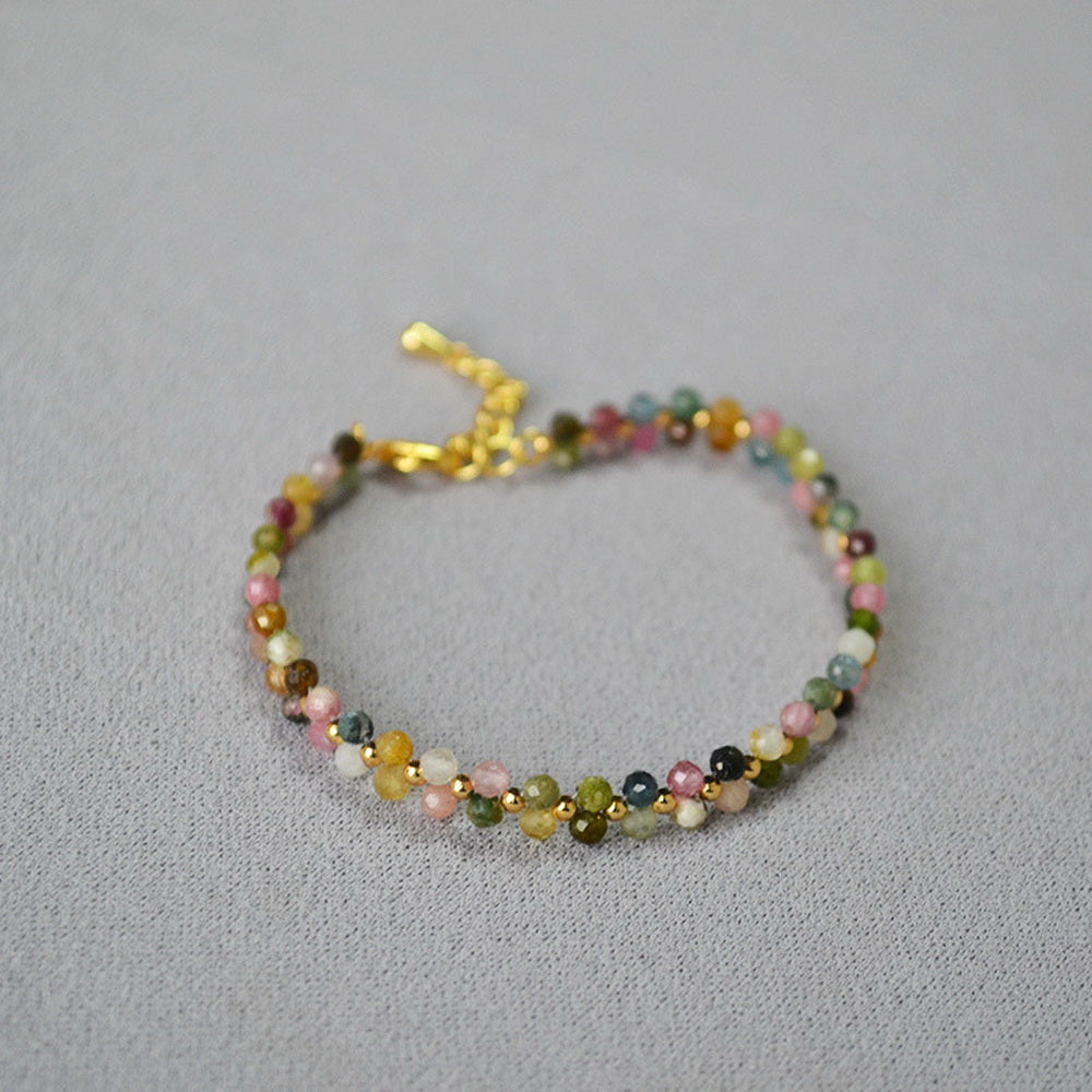 Colorful tourmaline natural stone woven flower beaded bracelet