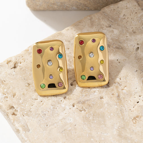18K stainless steel square tag earrings set with colored diamonds
