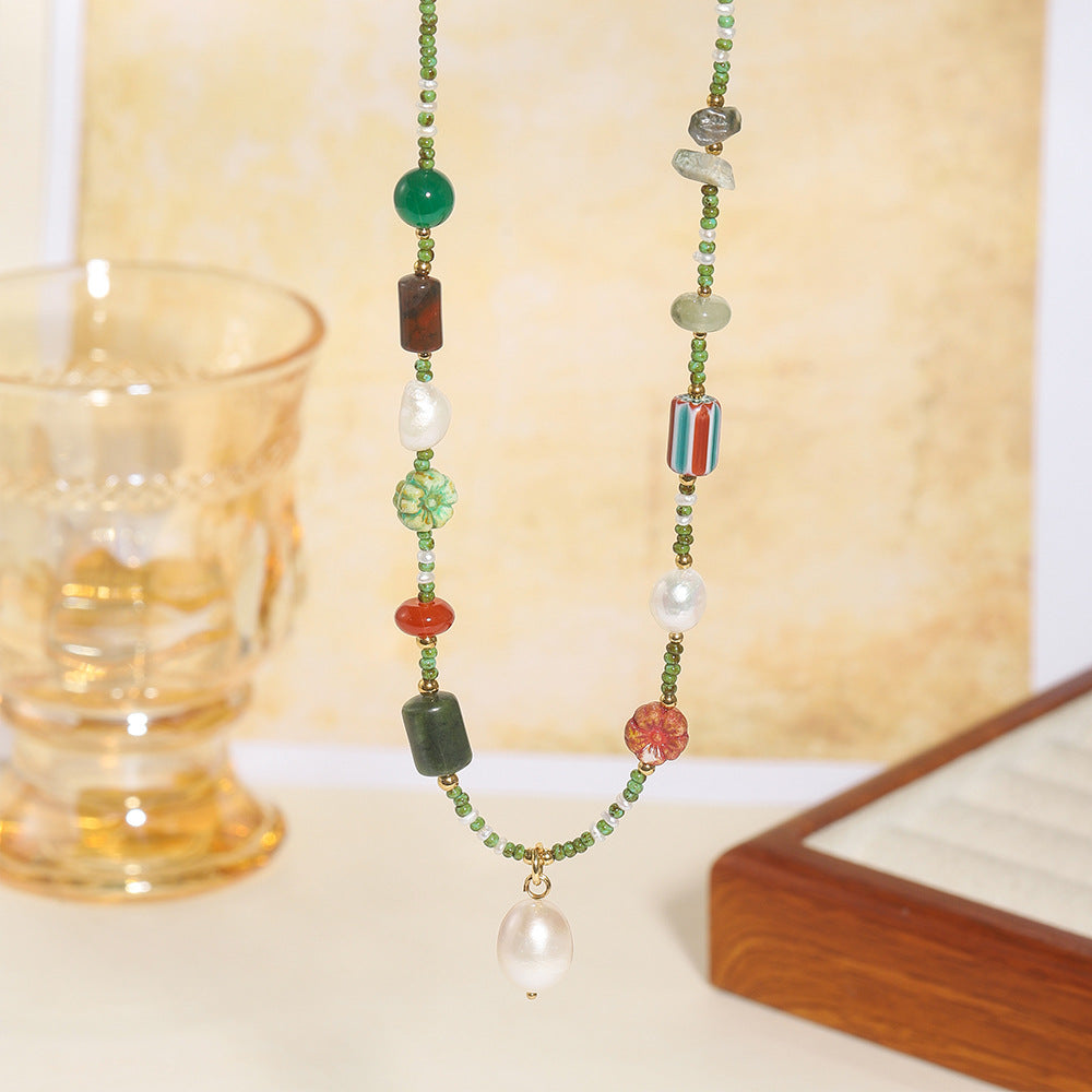 Natural stone freshwater pearl pendant, hand-beaded necklace