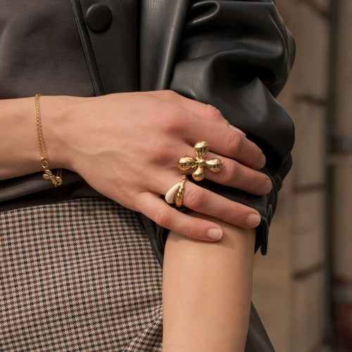 18K gold stainless steel smooth flower four-petal flower opening ring