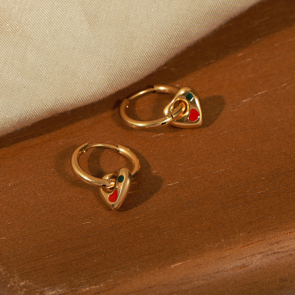 Stainless steel oil-dropped zirconium heart-shaped pendant earrings