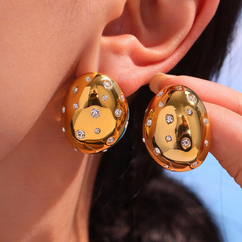 Stainless steel oval earrings with zircon smooth surface