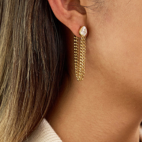 Stainless steel zircon chain tassel earrings