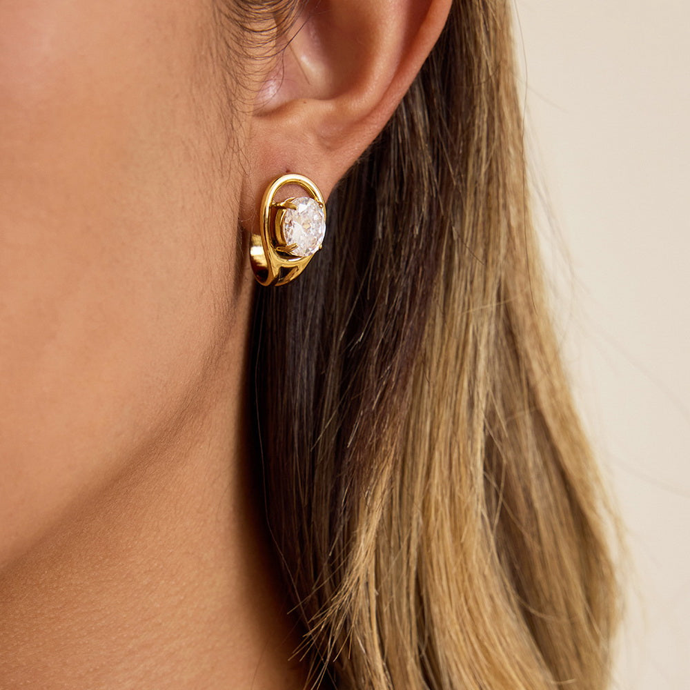 Golden stainless steel and white zircon stud earrings