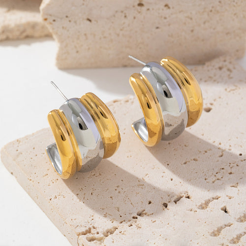 Stainless steel, gold and silver bicolored C-shaped smooth earrings