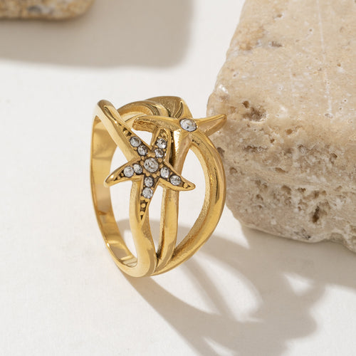 18K gold electroplated stainless steel starfish diamond-encrusted ring