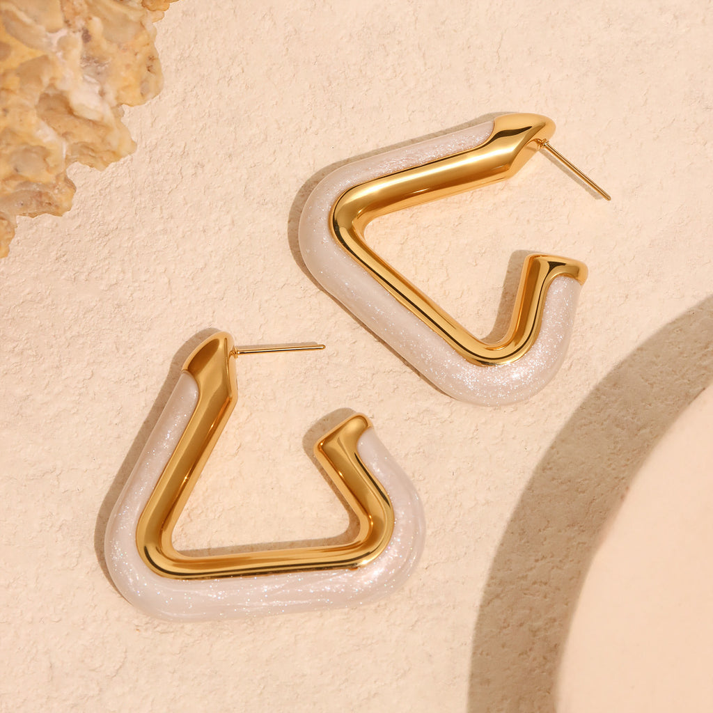 Stainless steel oil-dripping white triangular hollow earrings