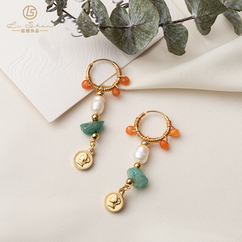 Colored natural stone long earrings