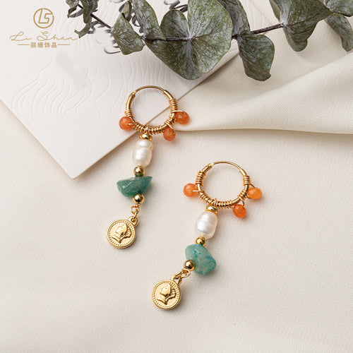 Colored natural stone long earrings