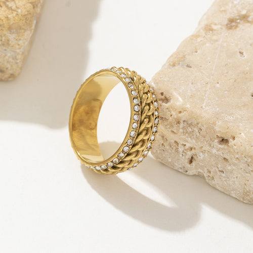 Stainless steel 18K gold double-layer zircon welded chain ring