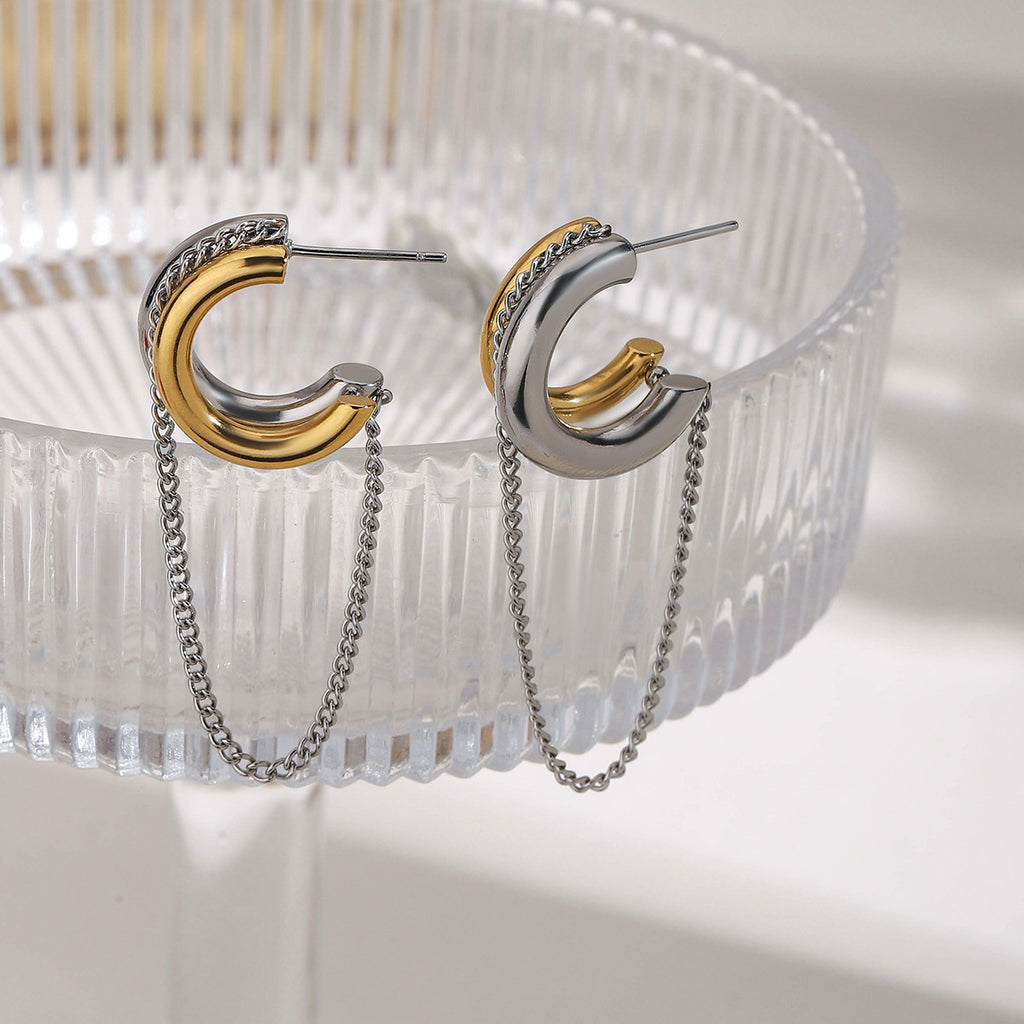 18K gold, stainless steel, gold and silver color-matched tassel line earrings