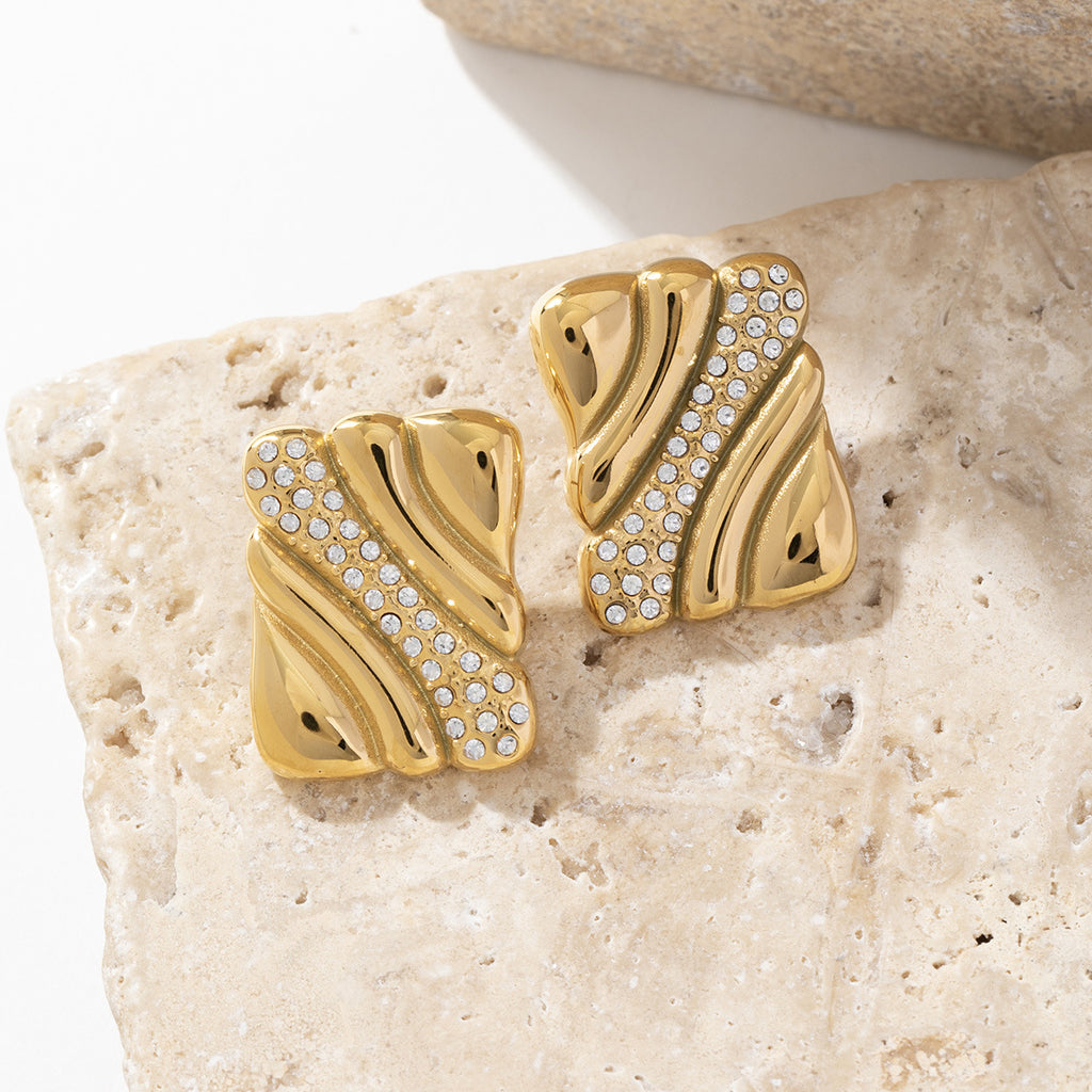 18K gold stainless steel rectangular earrings with zirconium texture inlaid in gold