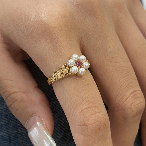 Stainless steel pearl flower ring set with zirconium