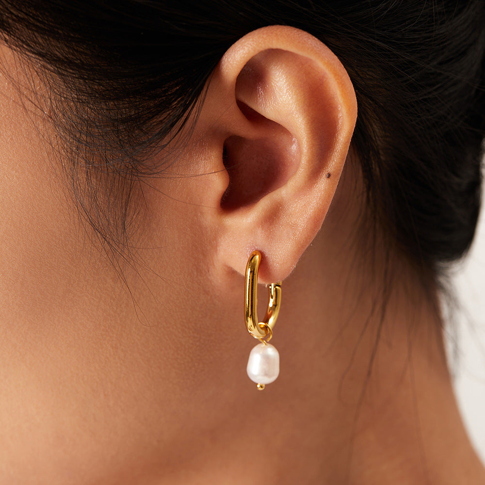 Golden stainless steel freshwater pearl pendant U-shaped earrings