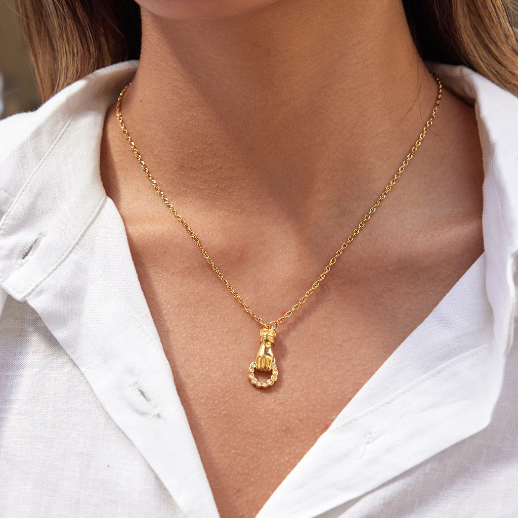 18K gold stainless steel white rhinestone Friendship hand round hollow pendant necklace