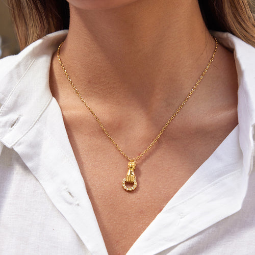 18K gold stainless steel white rhinestone Friendship hand round hollow pendant necklace