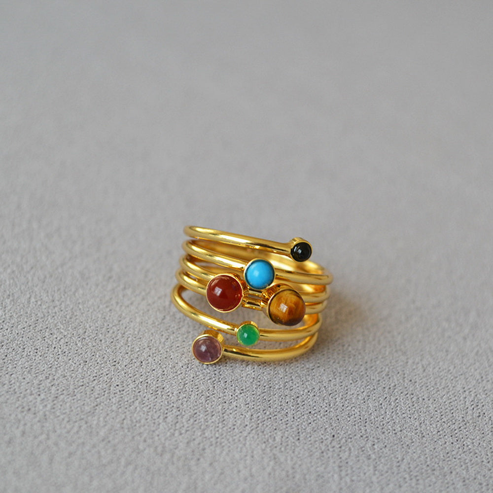 A multi-layer wound line inlaid natural stone brass gold-plated ring