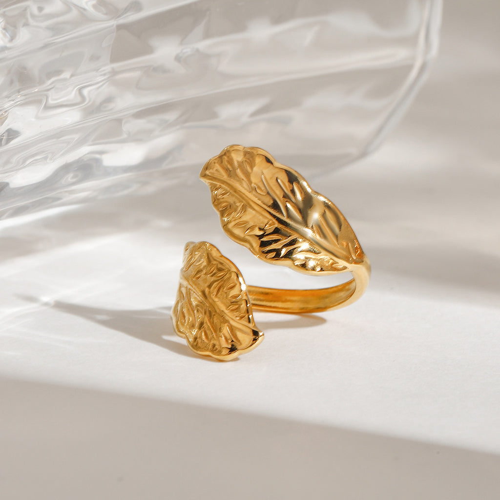 Golden stainless steel threaded leaf open ring