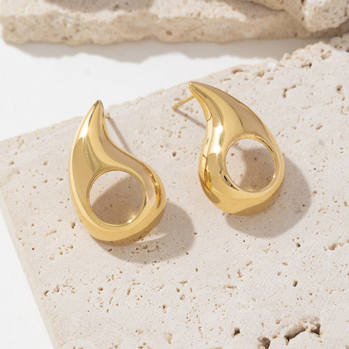 Golden stainless steel perforated teardrop earrings