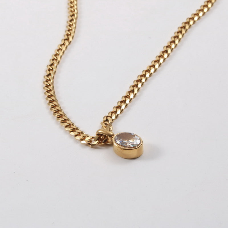18K gold stainless steel oval zircon pendant thick chain necklace