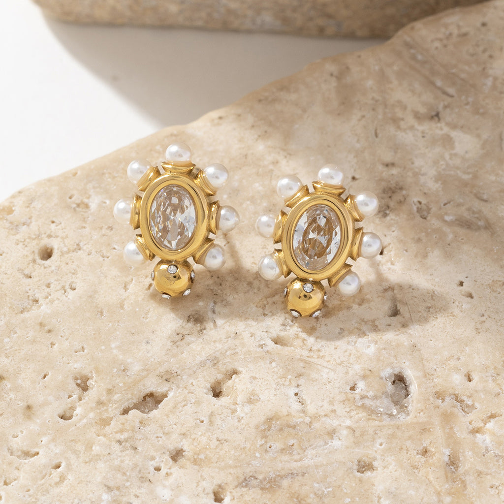 Golden stainless steel pearl earrings